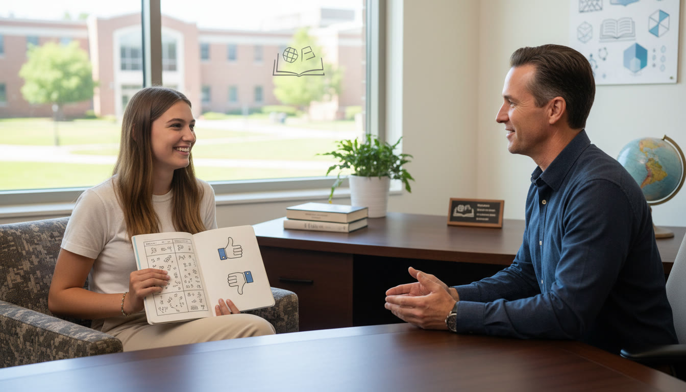 Photo Idea : A student sitting in a counselling office, talking with a counsellor while holding a notebook of pros and cons