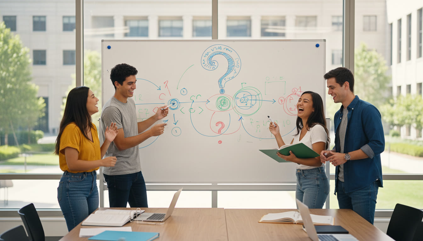 Photo Idea : Small group of students in animated discussion around a whiteboard with KQ scribbled at the top