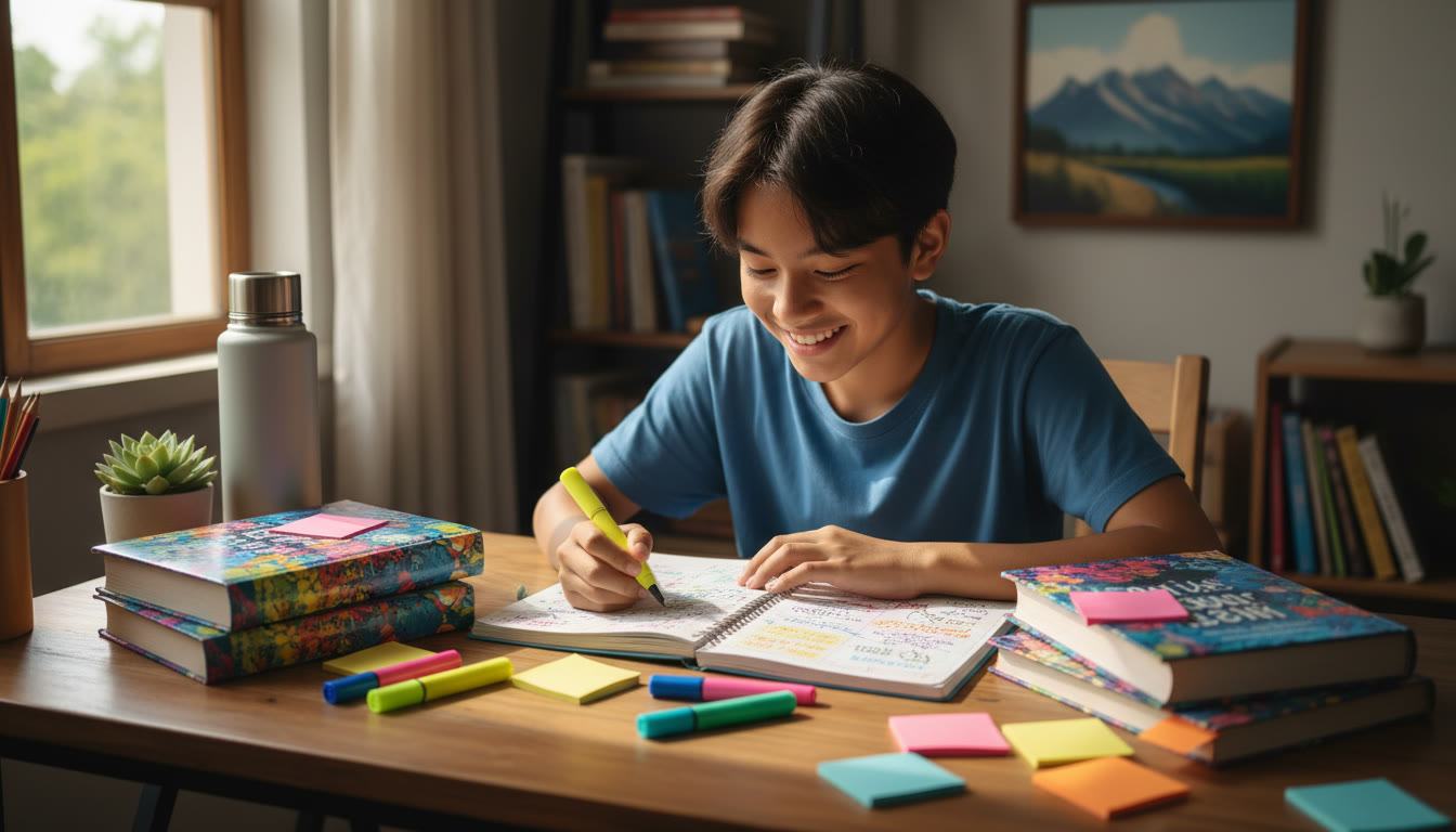 Photo Idea : Student at a desk reviewing a planner and IB textbooks, highlighters and sticky notes visible