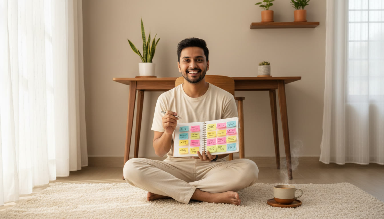 Photo Idea : student reviewing an error log notebook with colorful sticky notes and a cup of tea nearby