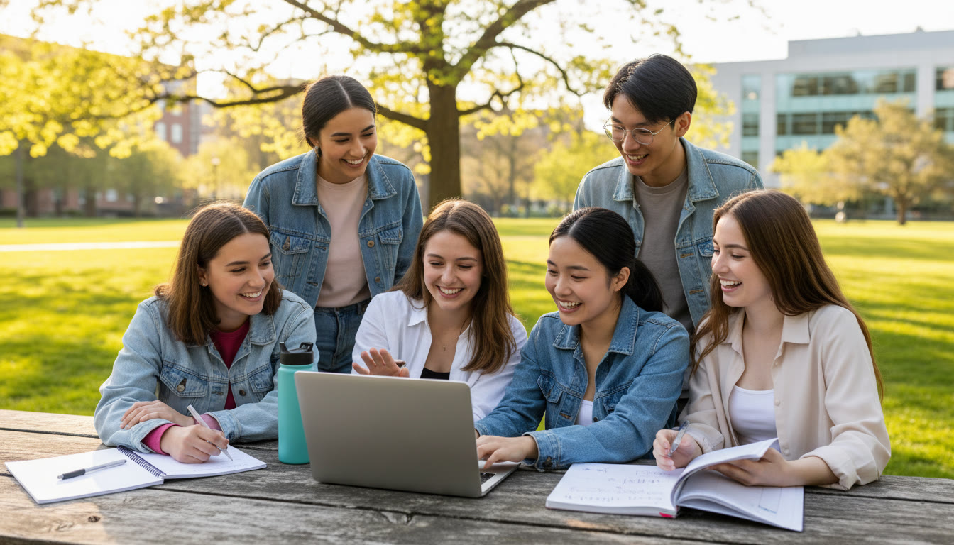 Photo Idea : A diverse group of IB students collaborating on a CAS project outdoors, notebooks and a laptop visible