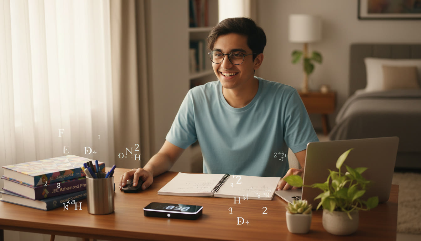 Photo Idea : Student at a tidy desk with textbooks, a notebook, and a digital timer