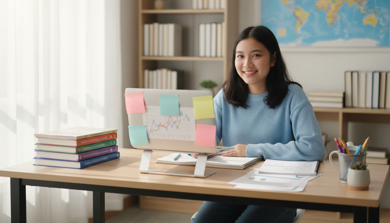 Photo Idea : a student at a tidy study desk with IB textbooks, a laptop, sticky notes and a printed mock exam