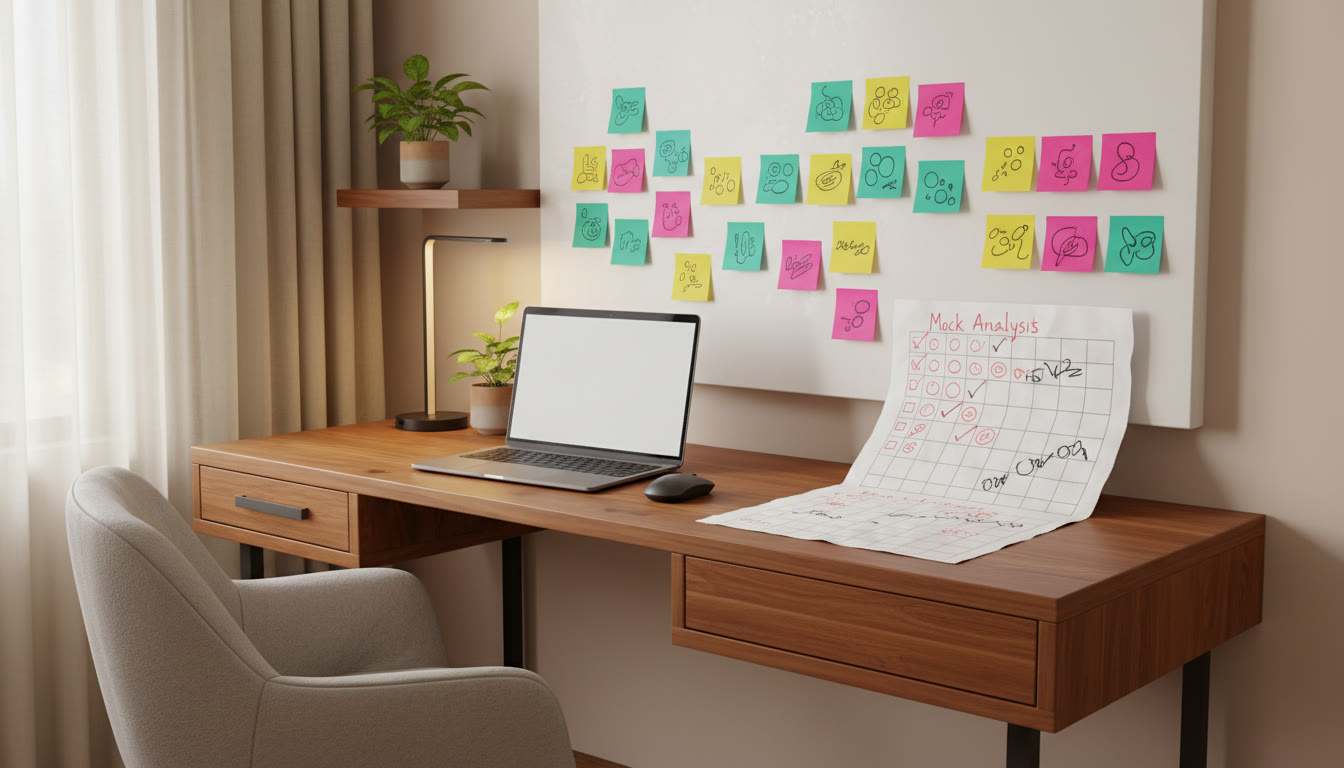 Photo Idea : A desk with subject-wise sticky notes and a printed mock-analysis checklist