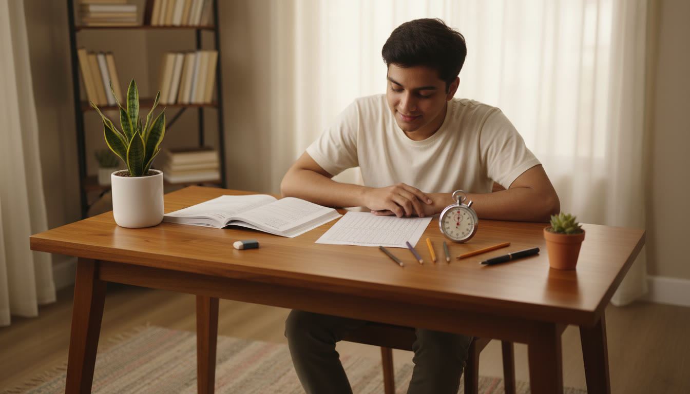 Photo Idea : A student doing a timed mock test with an OMR sheet and a stopwatch on a desk.