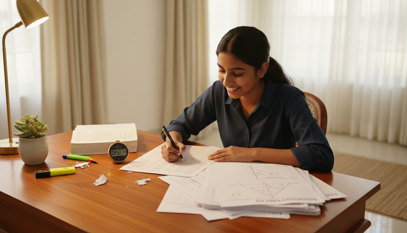 Photo Idea : Student concentrating at a desk with a stopwatch, spread of mock papers and a pen poised over an OMR sheet
