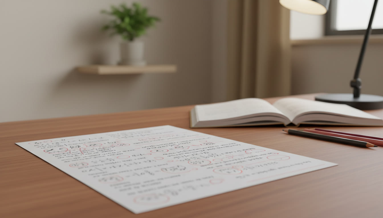 Photo Idea : Close-up of a marked mock test sheet with notes and corrections
