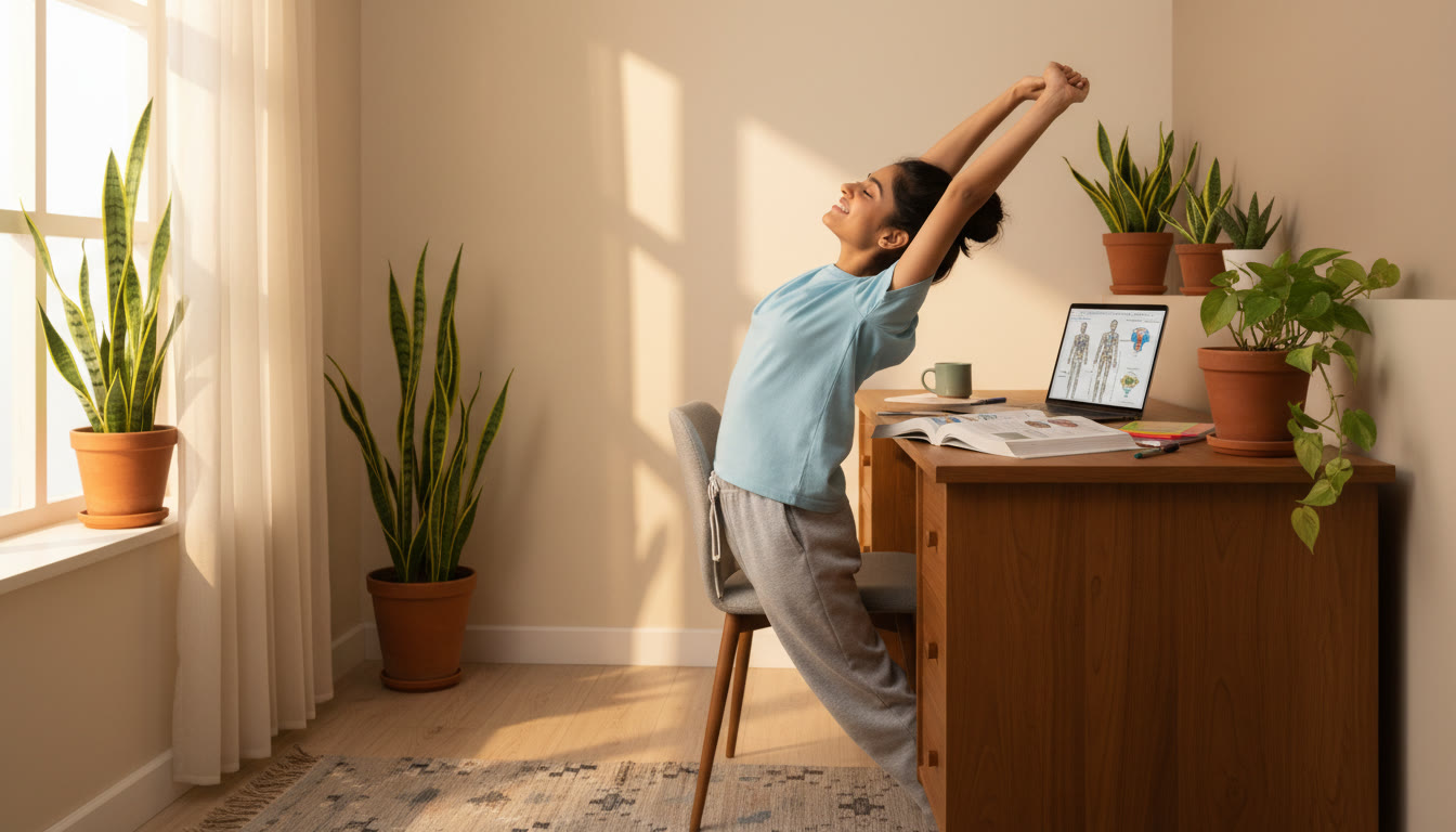 Photo Idea : A focused student stretching beside a study desk with open biology notes
