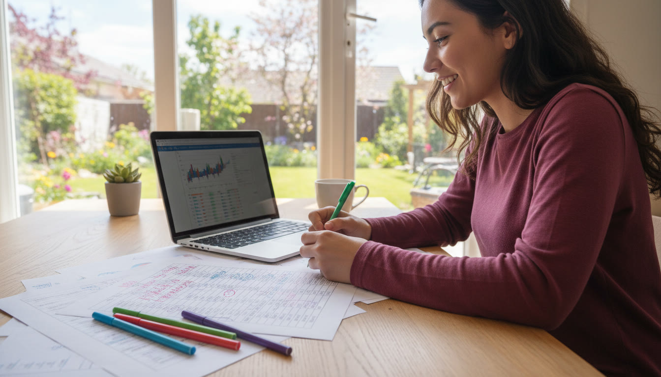 Photo Idea : A student reviewing an IA on a laptop with a printed table and hand annotations in colored pens