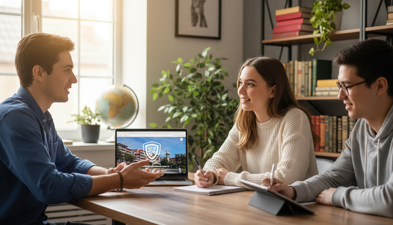 Photo Idea : two students practicing a mock interview with one taking notes and a laptop showing a university homepage