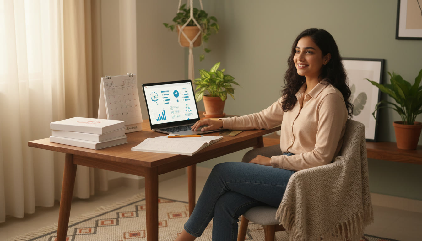 Photo Idea : Student at a study desk with NEET books, a calendar, and a laptop showing a practice mock test