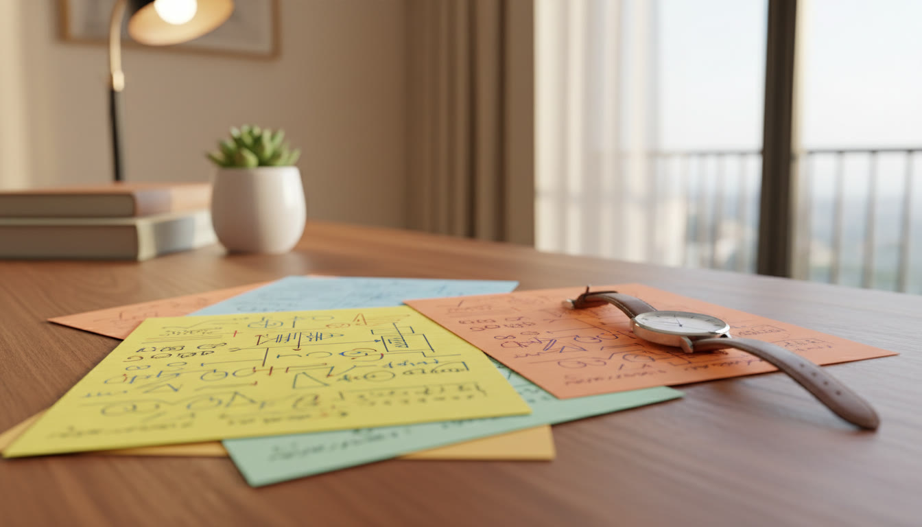 Photo Idea : Close-up of color-coded revision notes and a wristwatch on a desk