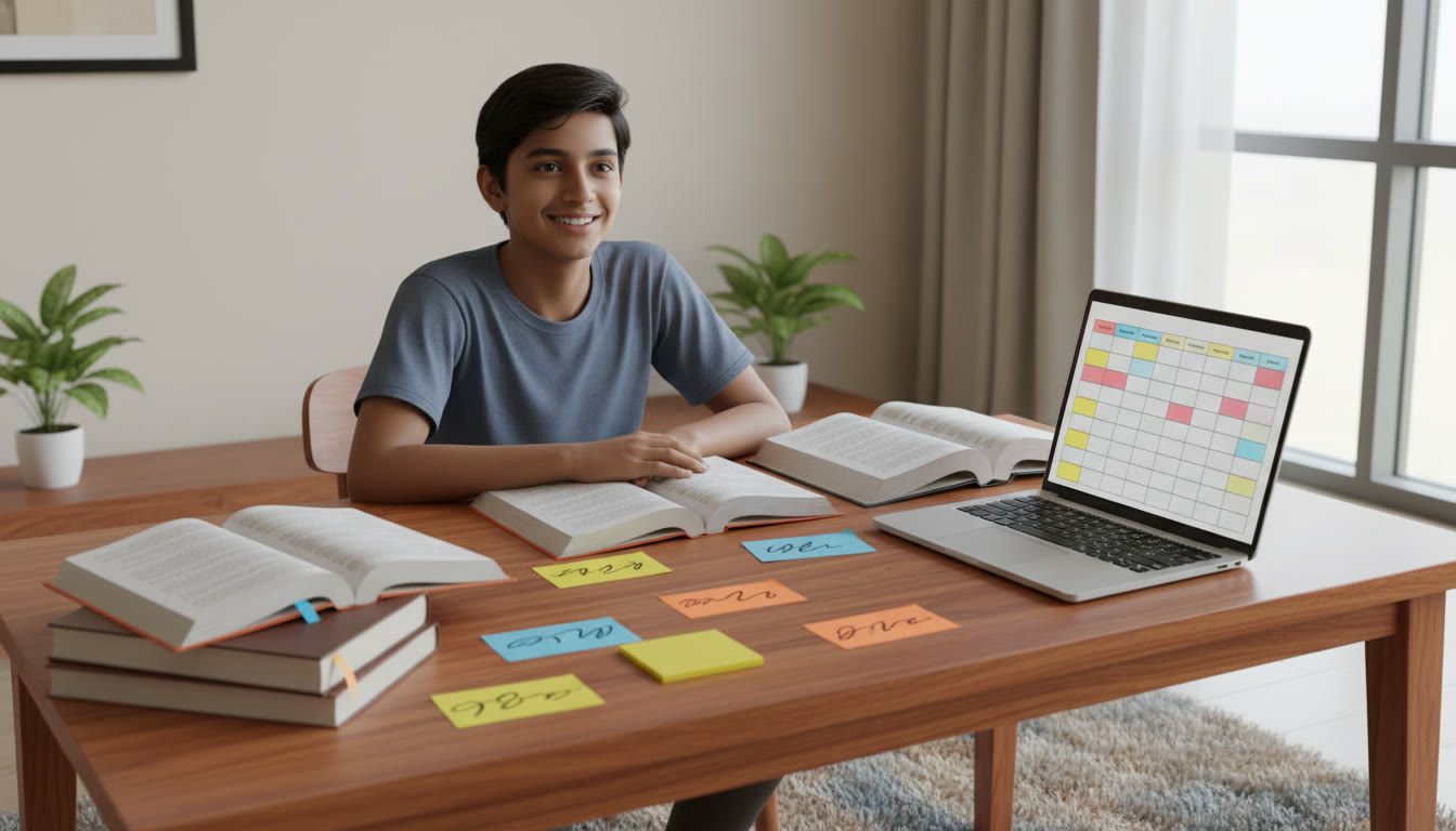 Photo Idea : Student at a desk with open textbooks, sticky notes showing chapter names, and a laptop displaying a weekly plan