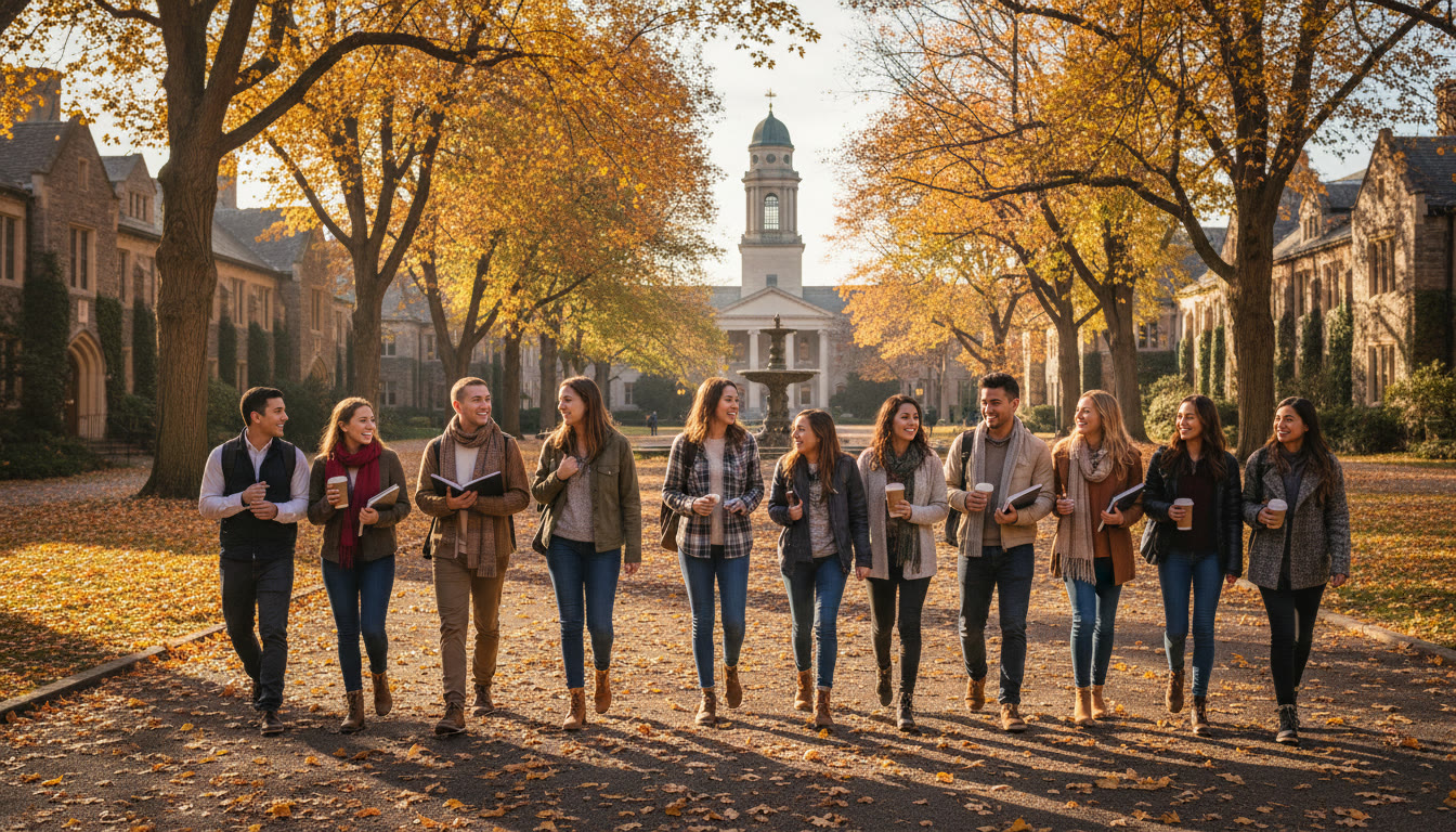 Photo Idea : Students walking across a university quadrangle with autumn colors