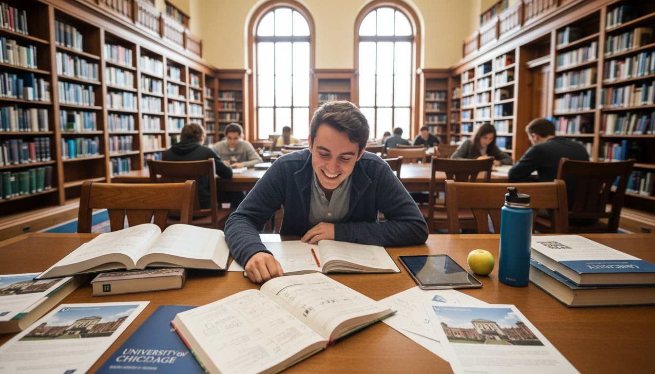 Photo Idea : IB student studying at a wooden library table with University of Chicago flyers and notebooks