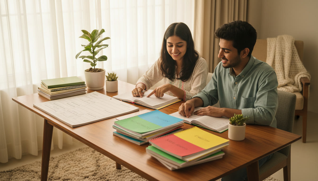 Photo Idea : Students studying at a desk with colour-coded chapter notes and a timetable laid out
