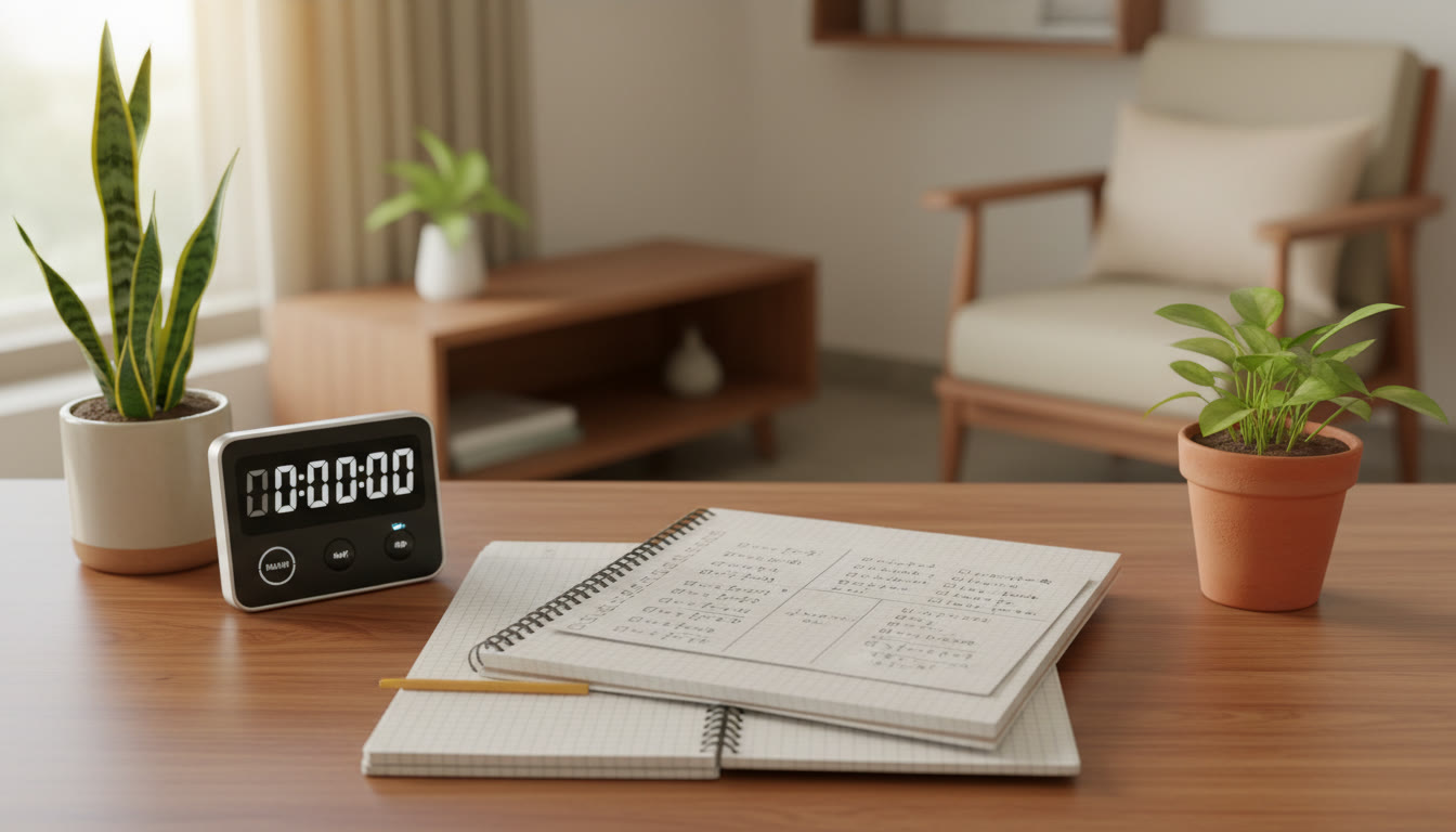 Photo Idea : Close-up of a timer beside open notebooks and a solved practice sheet