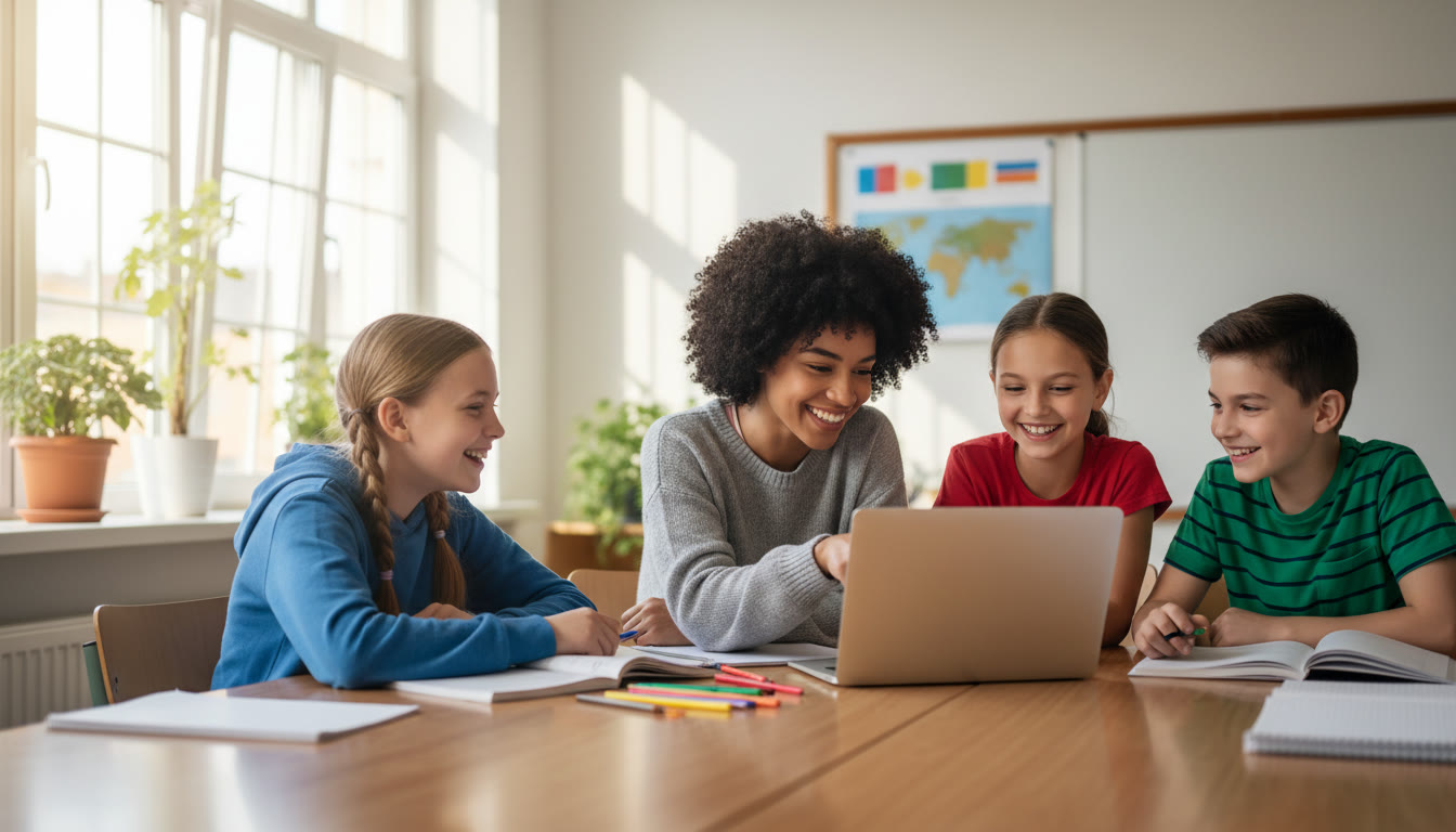 Photo Idea : A student tutoring a small group in a bright classroom, both smiling and using a laptop