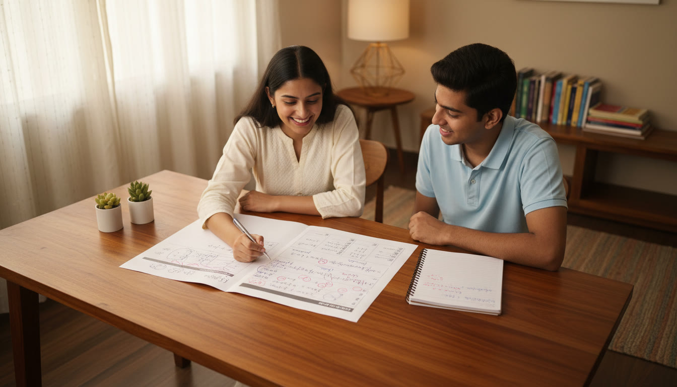 Photo Idea : A tutor and a student reviewing a mock test together with annotated error notes on a desk