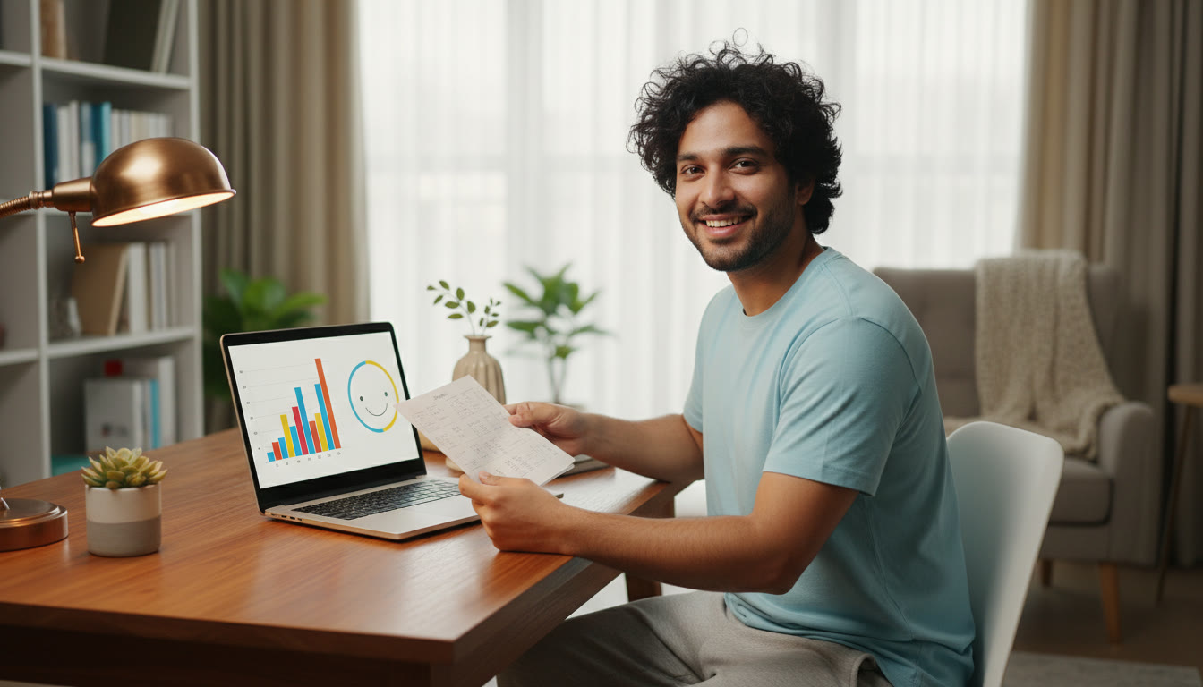 Photo Idea : Student at a desk comparing a printed answer sheet with a laptop showing a score-chart