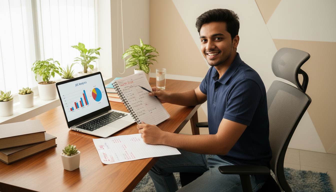 Photo Idea : A student cross-checking answers against a handwritten error log while a laptop shows analytics on the desk