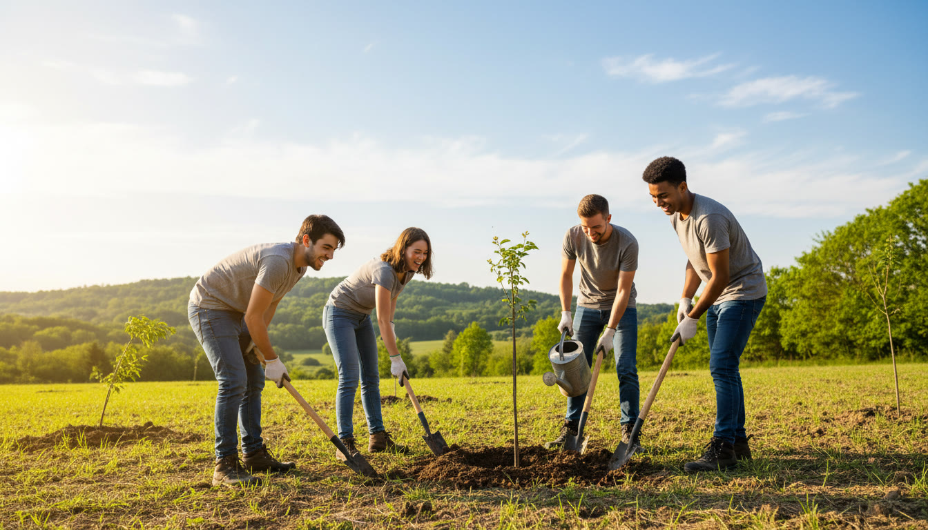 Photo Idea : A small group of students planting trees together, smiling and holding gardening tools