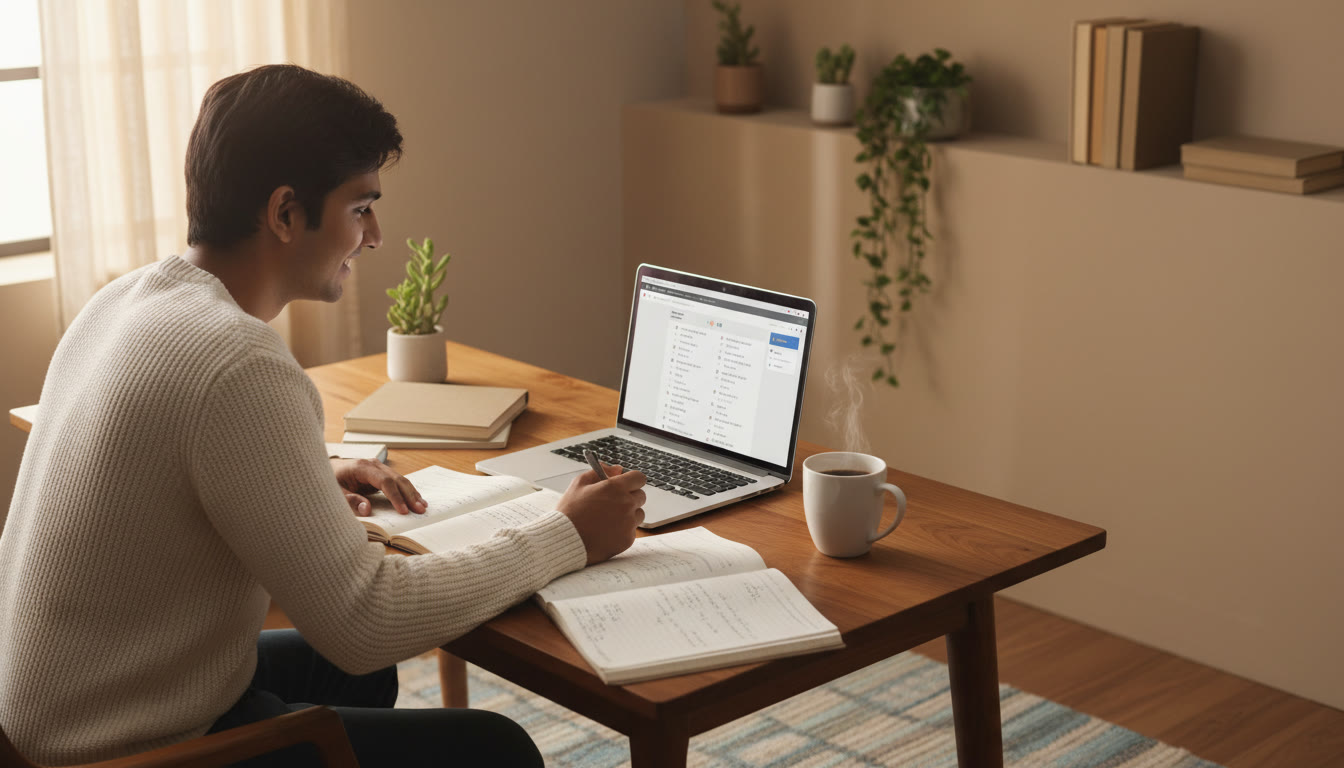 Photo Idea : A focused student at a desk with open notebooks, a laptop showing a practice test screen, and a mug of coffee
