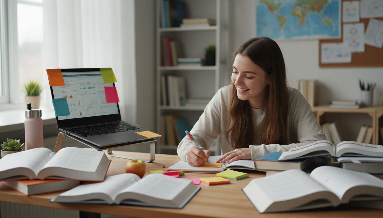 Photo Idea : A student at a desk surrounded by open books and a laptop, writing notes on colourful sticky notes