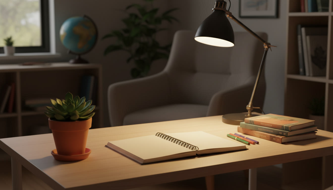 Photo Idea : A small, tidy study nook with soft lamp light and an open notebook beside a potted plant