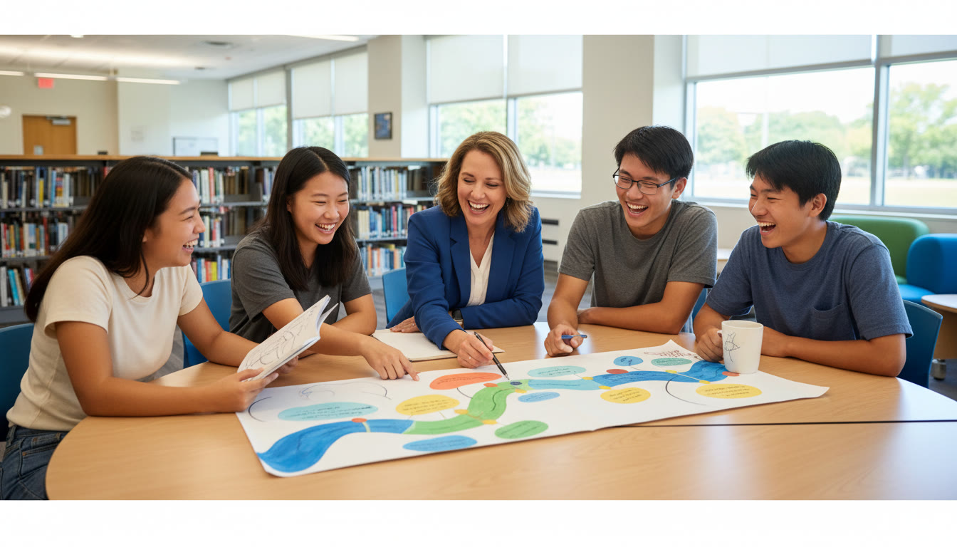Photo Idea : A small group of students and a school counsellor around a table, pointing at a colorful timeline