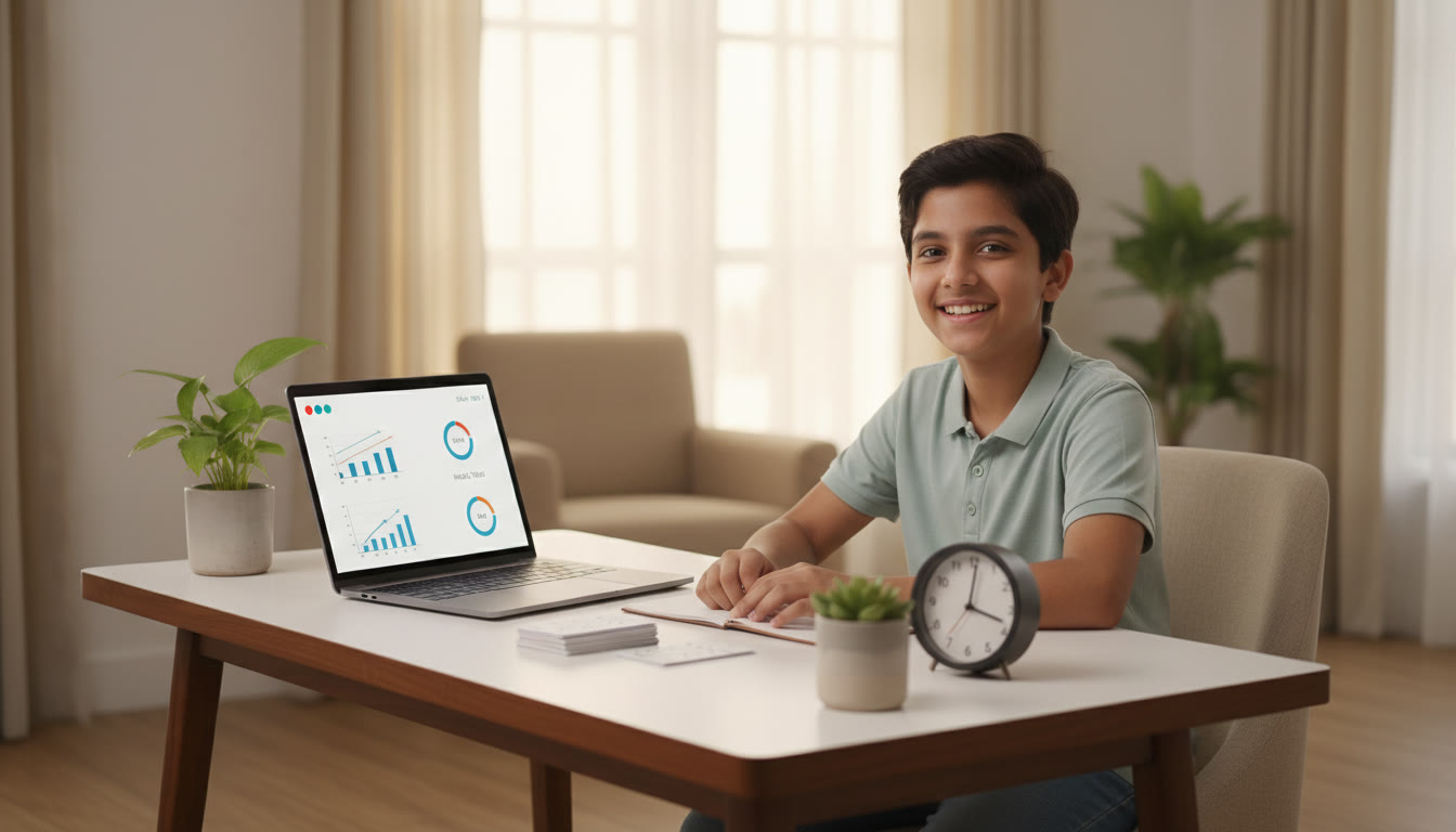 Photo Idea : Student at a tidy desk with clock, formula cards and laptop showing a mock test interface