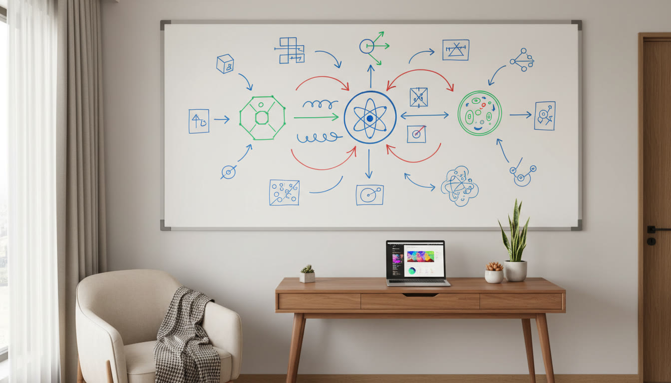 Photo Idea : A whiteboard with a concept map connecting Physics, Chemistry, and Biology topics