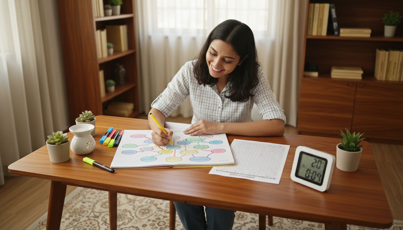 Photo Idea : student making a colorful concept map on a notebook with an OMR sheet and a timer on the desk