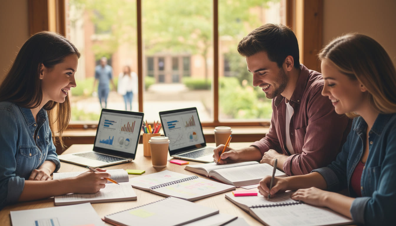 Photo Idea : A small study group discussing notes around a table with highlighted pages and laptops