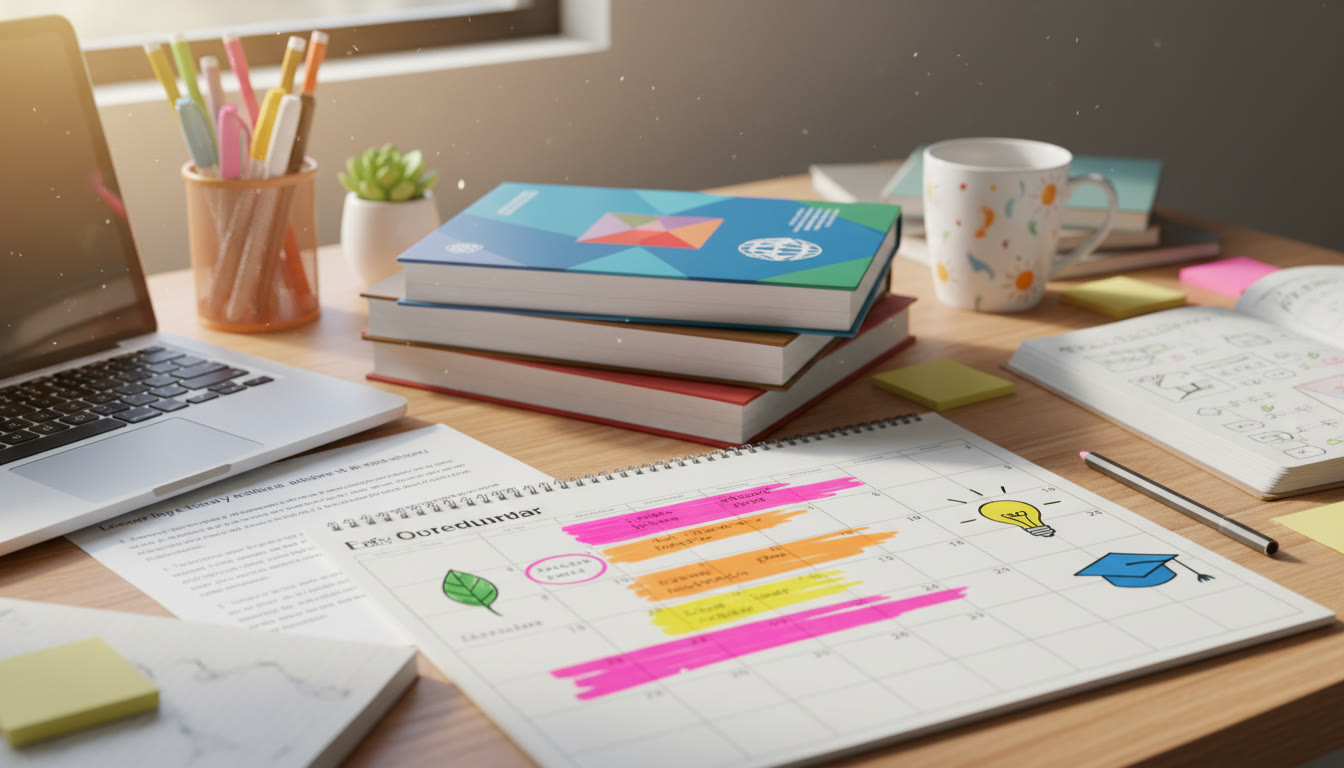 Photo Idea : Close-up of an IB student’s desk with HL textbooks, a typed EE abstract, and color-coded calendar showing application deadlines