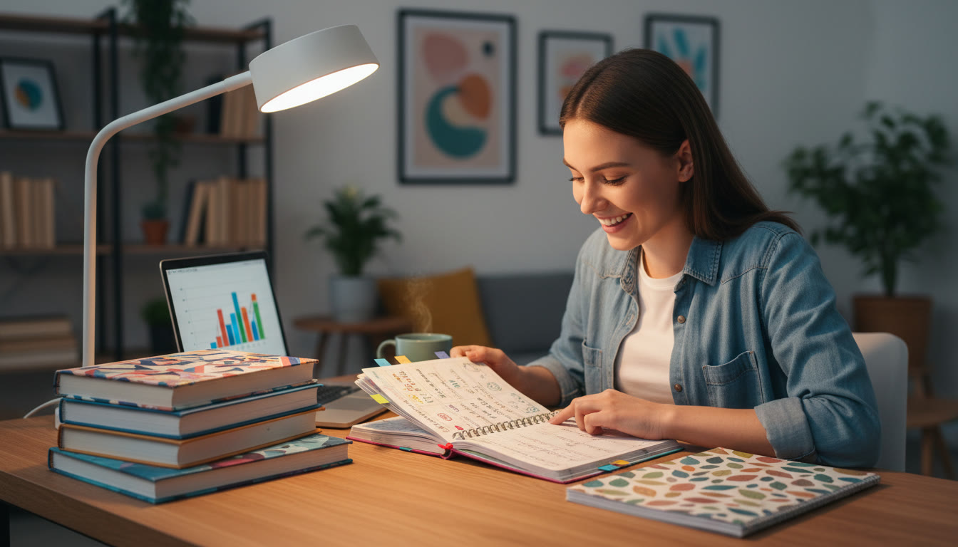 Photo Idea : Student with planner, textbooks, and a quiet study lamp