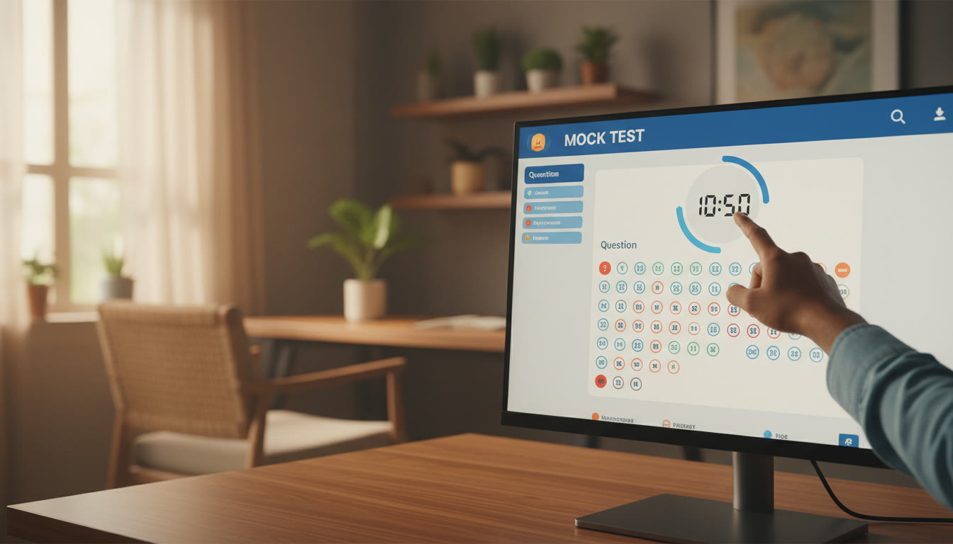 Photo Idea : Close-up of a computer screen with a mock test interface open and a candidate pointing to the timer