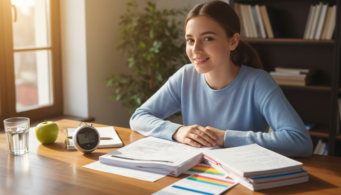 Photo Idea : A student doing a timed past paper at a table with a stopwatch and neat notes