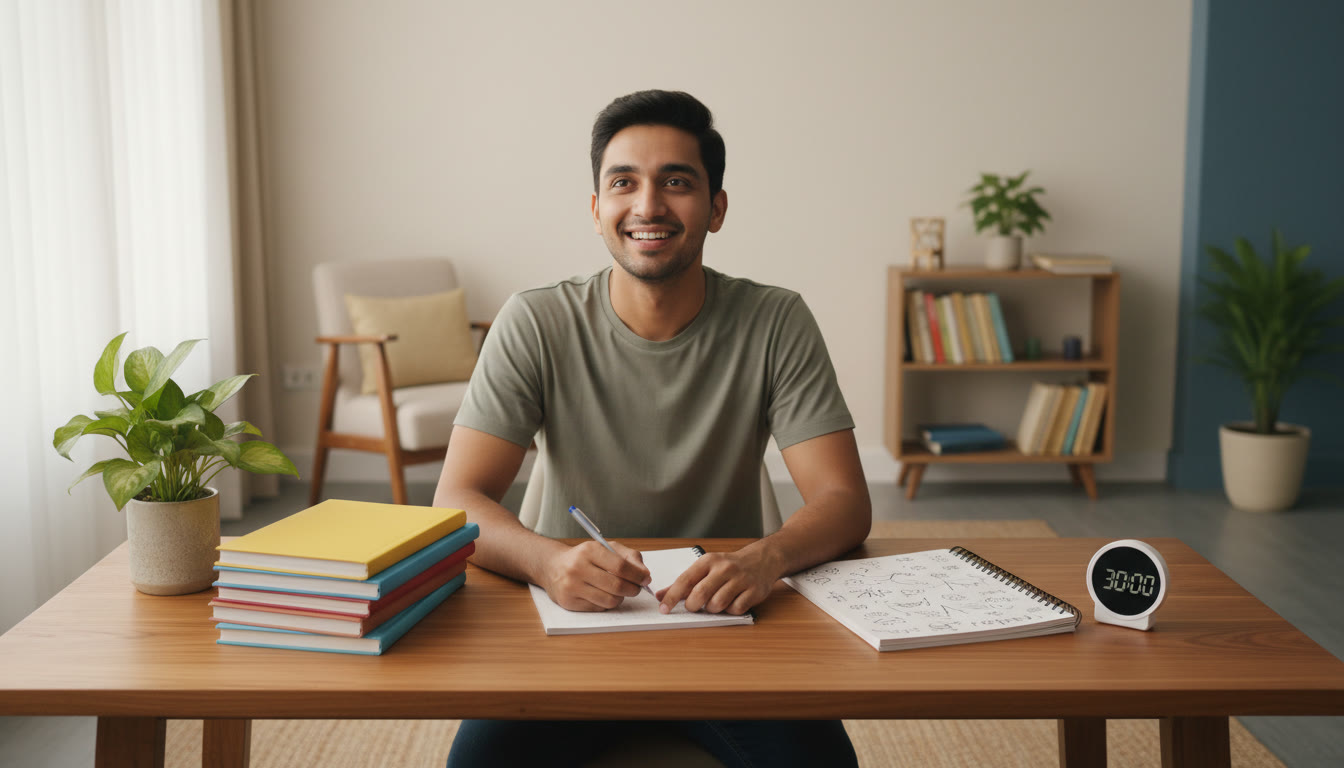 Photo Idea : Student at a tidy desk with schoolbooks on one side and a JEE notebook and timer on the other.
