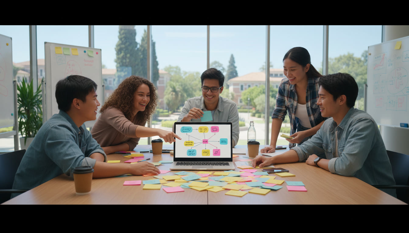 Photo Idea : Students around a table mapping a community project on sticky notes and a laptop