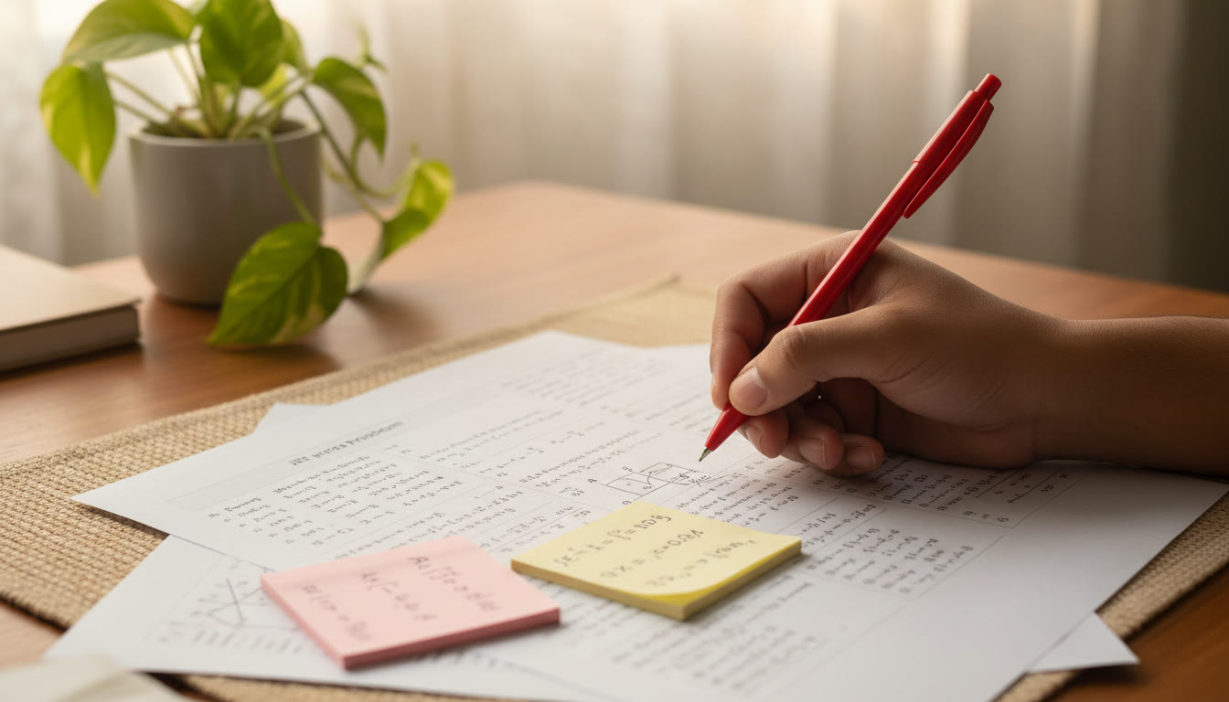 Photo Idea : Close-up of a student’s hand annotating a problem with a red pen and sticky-note reminders