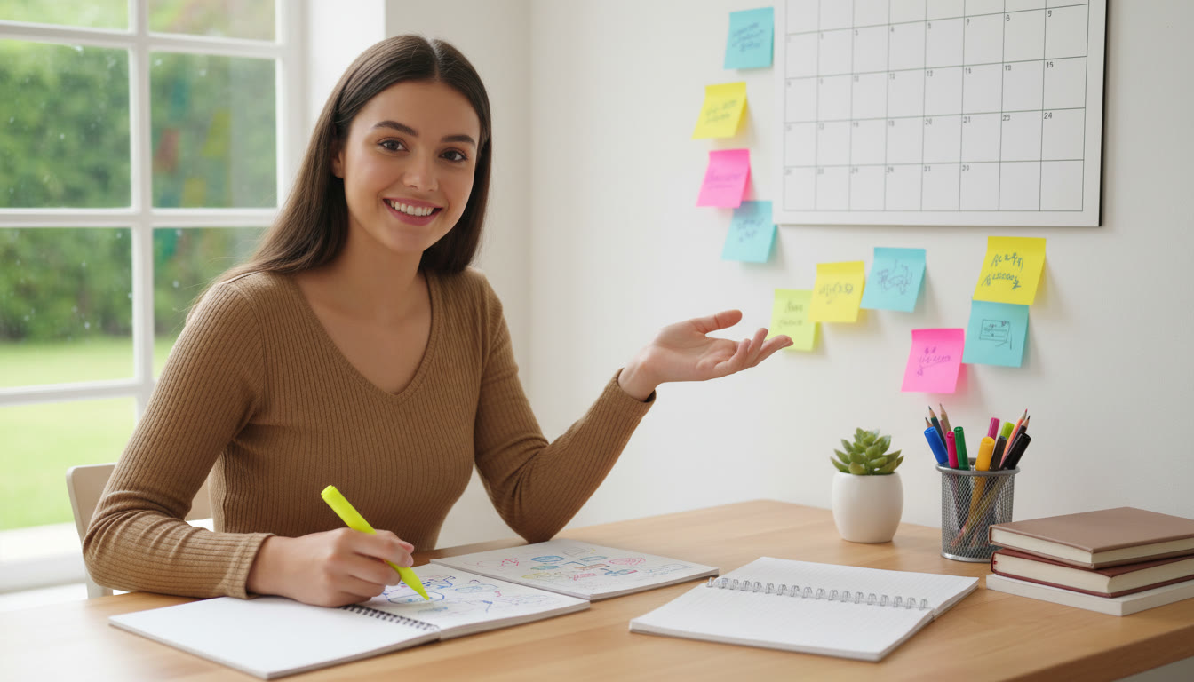 Photo Idea : A student at a tidy desk with open notebooks, a calendar, and colored sticky notes, mid-review