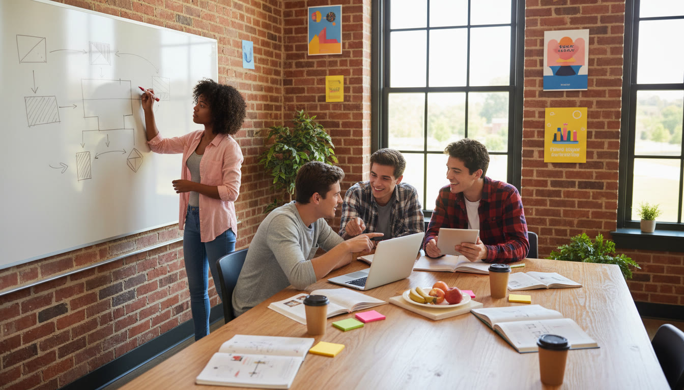 Photo Idea : A small group of students working around a table with one student sketching a plan on a whiteboard
