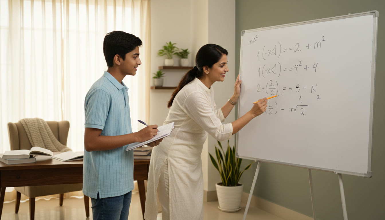 Photo Idea : Teacher or tutor guiding a student over a calculation on a whiteboard, pointing to steps and units