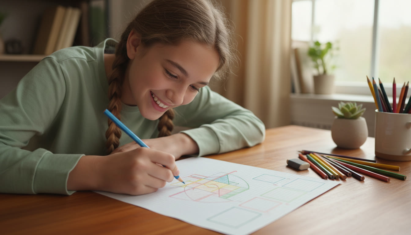 Photo Idea : Close-up of a student drawing a labeled diagram on graph paper with colored pencils