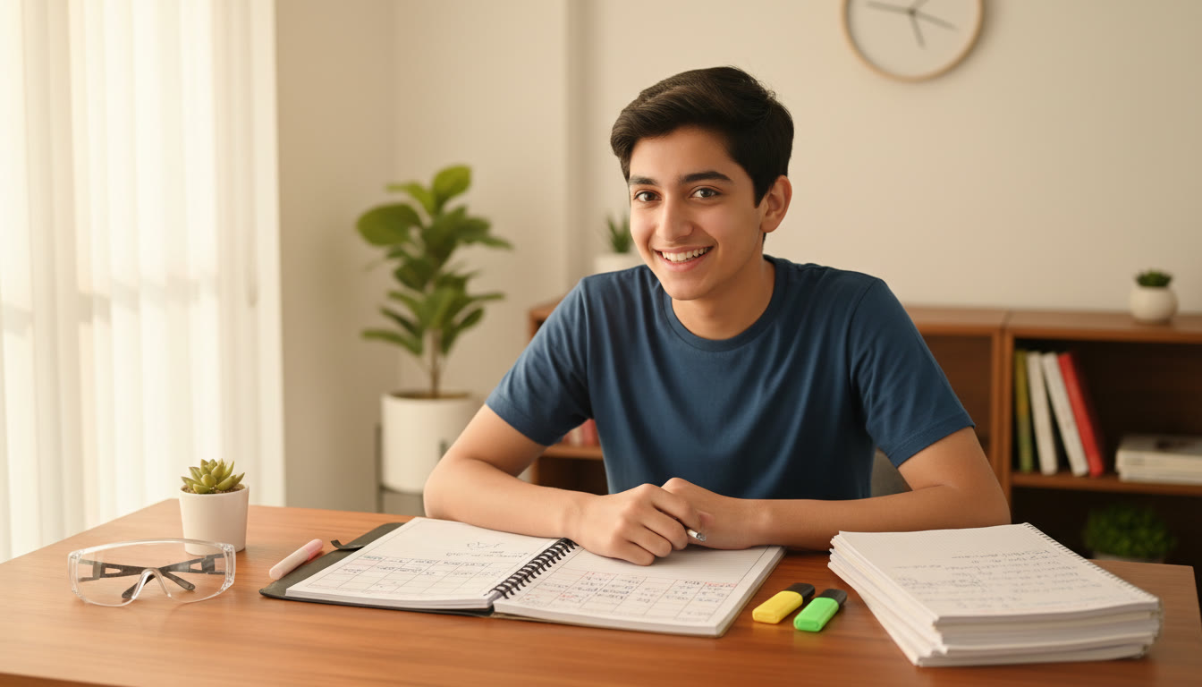 Photo Idea : Student with a planner open, lab goggles on one side and JEE notes on the other