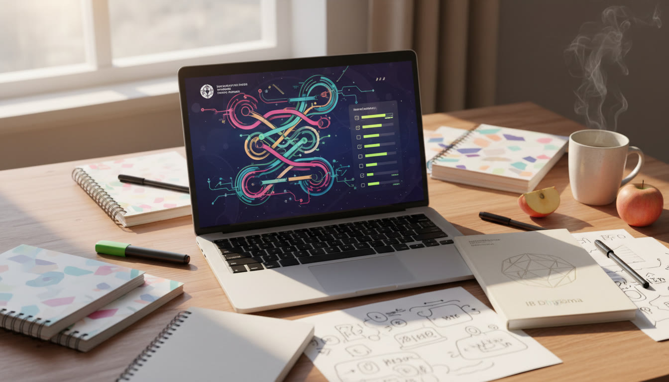 Photo Idea : an open laptop showing highlighted timelines and checklist items surrounded by notebooks and an IB diploma booklet