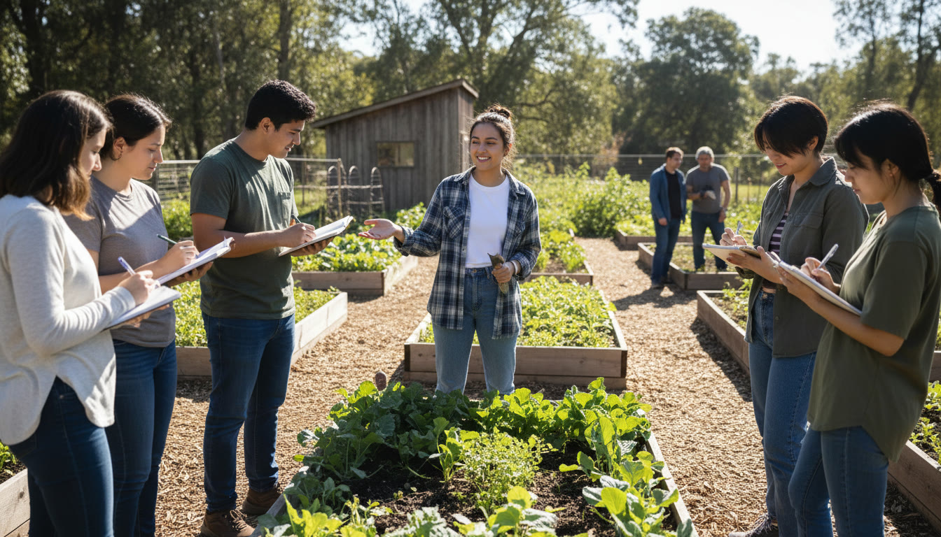 Photo Idea : Students running a community workshop, one student leading while others take notes