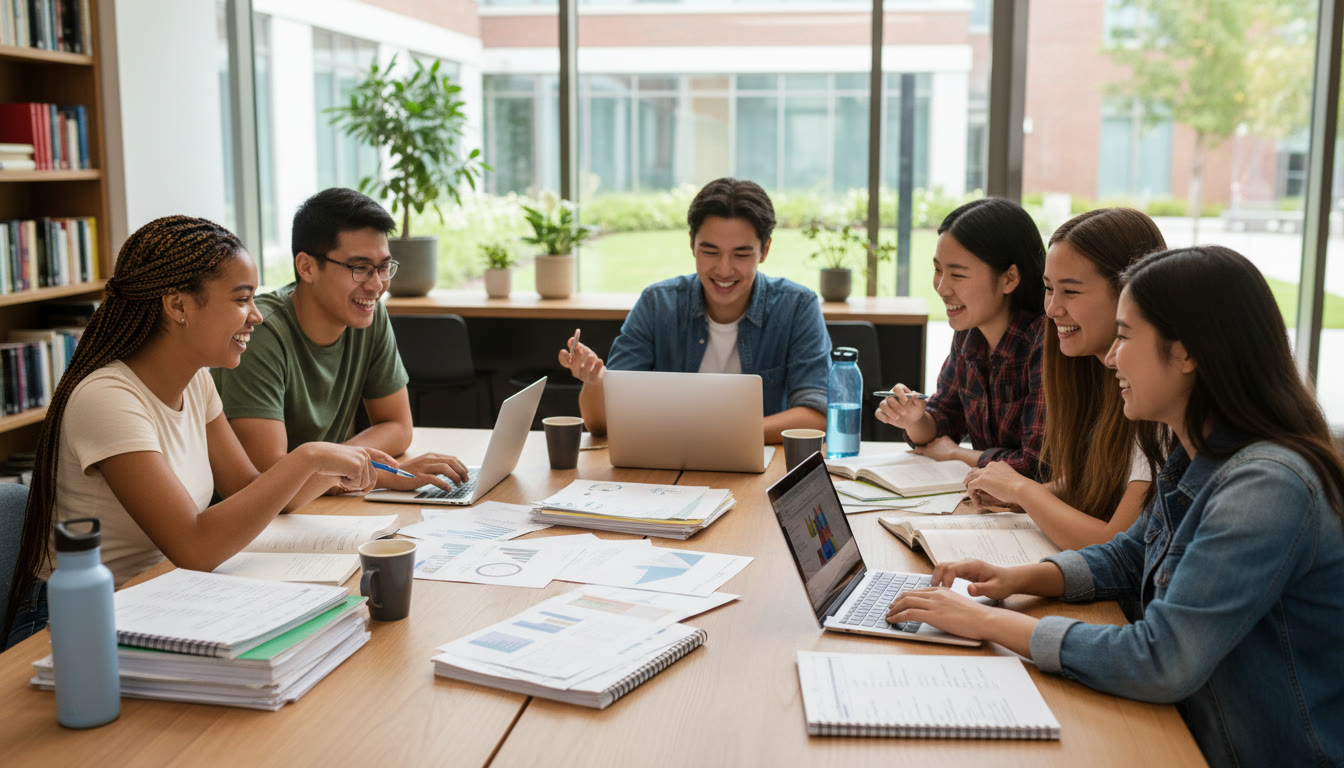 Photo Idea : Group of students working together around a table with laptops and printed past papers