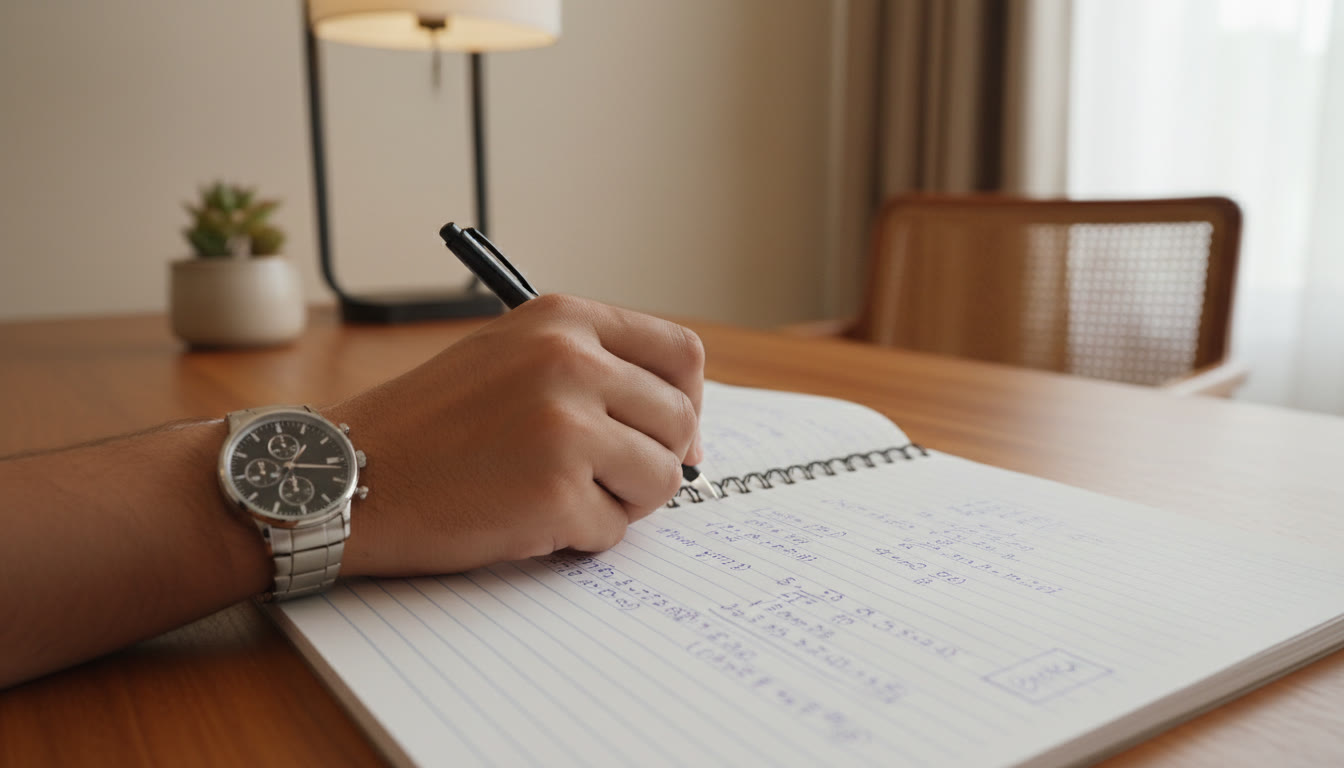 Photo Idea : Close-up of a hand writing neat scratch work with boxed final answer and a wristwatch showing elapsed time.